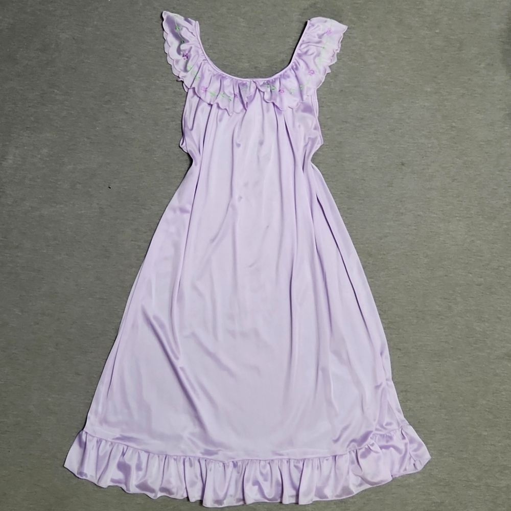 Vintage Ruffle Satin Floral Embroidered Lingerie Chemise Nightgown Slip Dress - Picture 2 of 10
